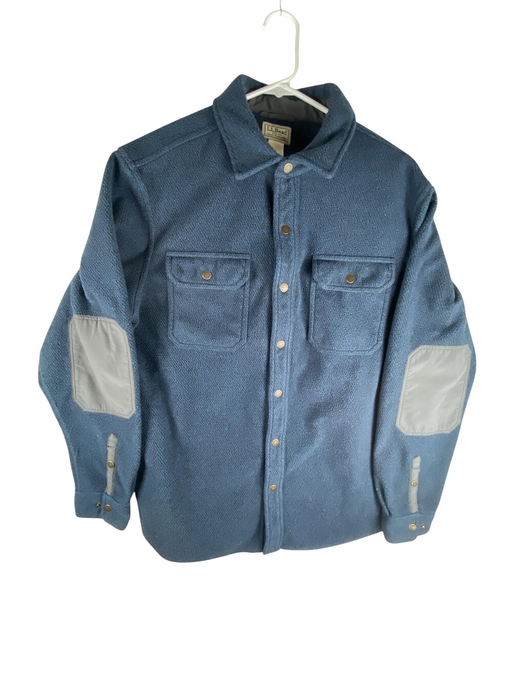 L.L.Bean Jacket Mens Medium Blue Fleece Snap Front Shirt Jacket Elbow Patches